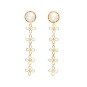 Dangle Dome Pearl Gold Looped Flower Earrings