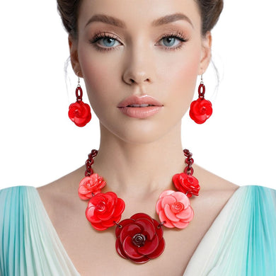 Collar Burgundy Chunky 3D Flower Link Necklace Set