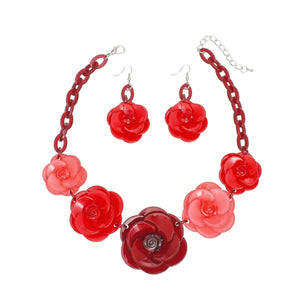 Collar Burgundy Chunky 3D Flower Link Necklace Set