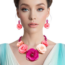 Collar Fuchsia Chunky 3D Flower Link Necklace Set