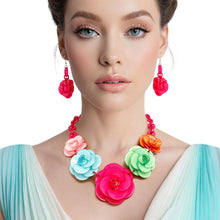 Collar Pink Chunky 3D Flower Link Necklace Set