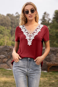 Crotched Lace Trim V-Neck Top - Relaxed Fit - Short Sleeve - MEDIUM - ONE ONLY