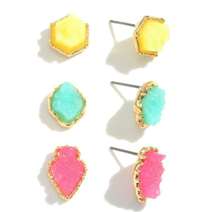 Multi Color Stud Earrings - Three Sets - Naturally Beautiful Colorful Settings