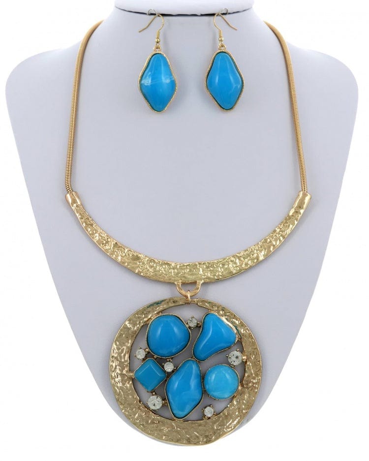 Hammered Glass Acetate Metal Pendant Necklace & Earring Set