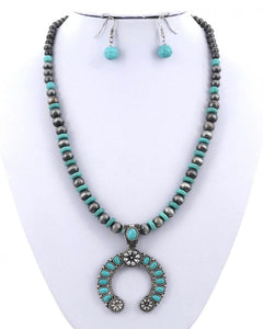 Western Concho Stone Pendant Necklace & Earring Set