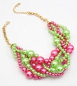 Twisted Multi-Strand Chunky Pearl Necklace in Lime and Pink - Matching Earrings