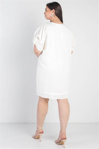 Plus White Bow Detail Short Sleeve V-neck Mini Dress