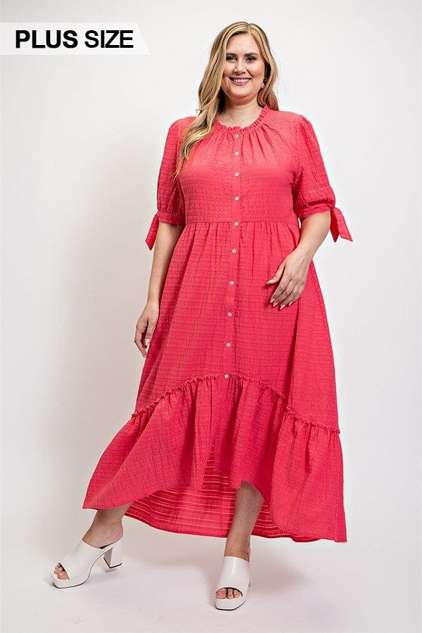 Solid Textured Button Down And Hi - Low Hem Maxi Dress With Tie Sleeve And Slip Dress
