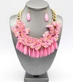 Chunky Beaded Pink Flower Necklace w Earrings -  Festive Party Jewelry