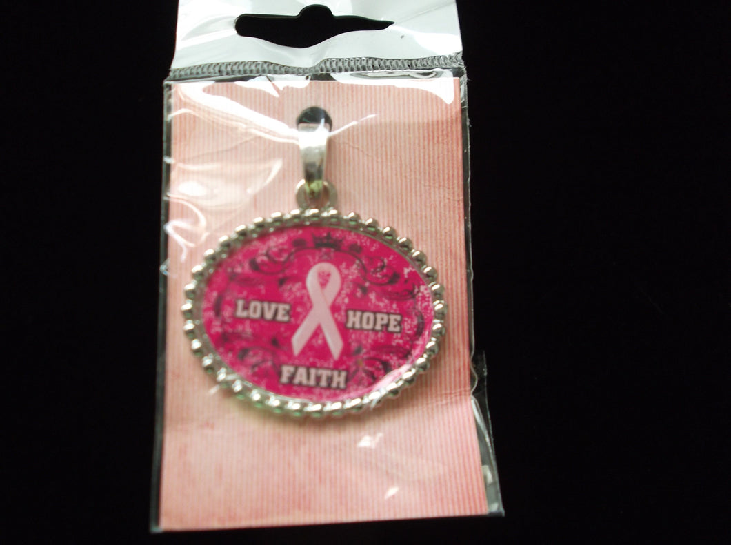 Breast Cancer Pink Ribbon Pendant with Love, Hope, Faith Printed Around the Ribbon