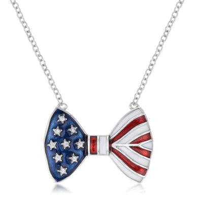 .025 Ct Stars and Stripes Bow Tie Necklace with CZ - Patriotic Jewelry