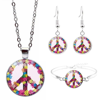 Retro Peace Sing Symbol Necklace with Matching Earrings - Nostalgia 60's Necklace