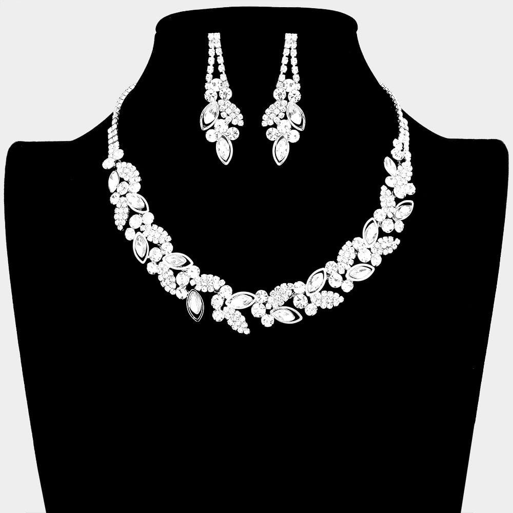 Marquise Stone Accented Rhinestone Necklace Bridal Wedding Bridesmaids Set with Matching Earrings - Prom Jewelry Set