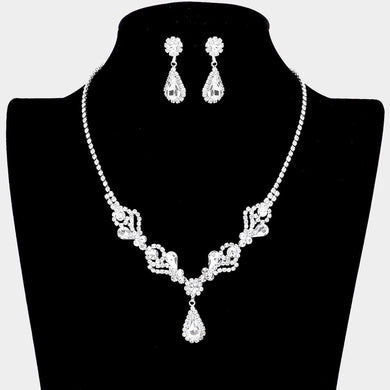 Teardrop Stone Accented Rhinestone Necklace Bridal Wedding Bridesmaids Set with Matching Earrings - Prom Jewelry Set