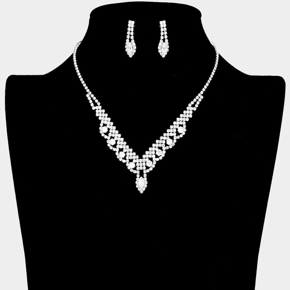Silver CZ Round Marquise Stone Accented Necklace - Bridal Wedding Bridesmaids Set with Matching Earrings - Prom Jewelry Set