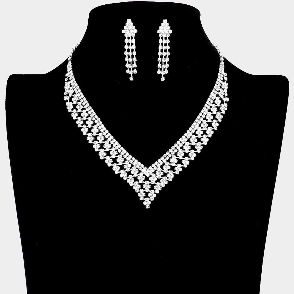 Glamorous Rhinestone V-Shape Collar Necklace - Bridal Wedding Bridesmaids Set with Matching Earrings - Prom Jewelry Set