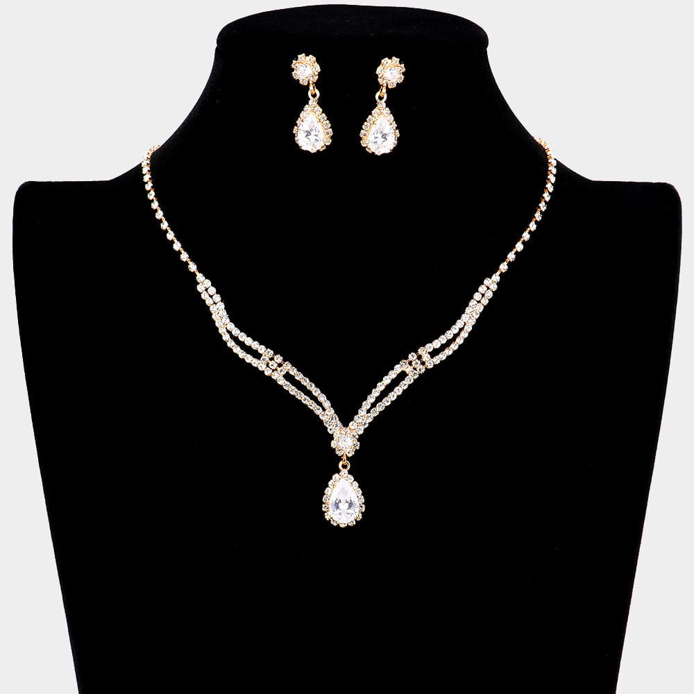 Gold CZ Teardrop Accented Necklace - Bridal Wedding Bridesmaids Set with Matching Earrings - Prom Jewelry Set