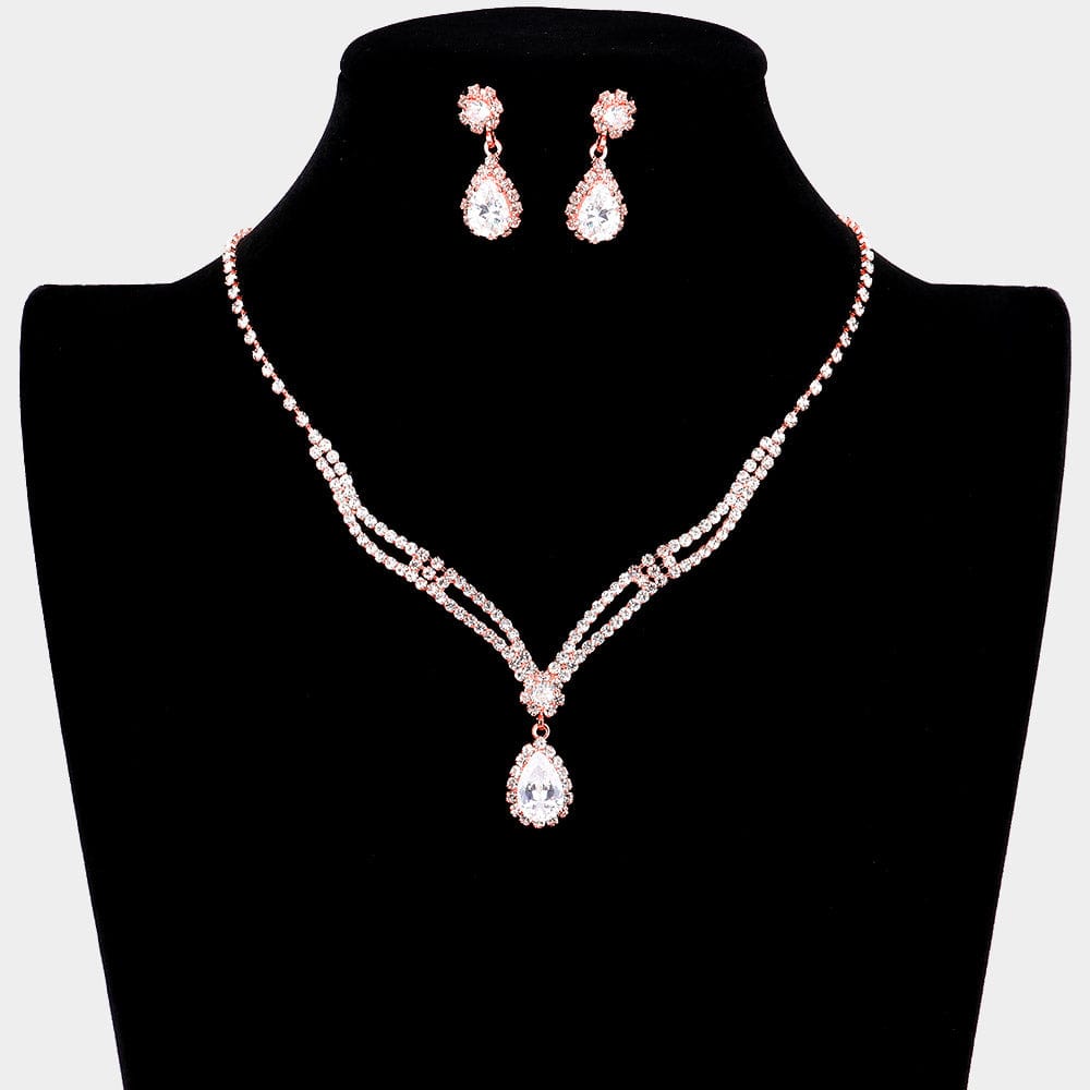Rosef Gold CZ Teardrop Accented Necklace - Bridal Wedding Bridesmaids Set with Matching Earrings - Prom Jewelry Set