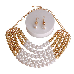Gold and White Pearl 5 Row Necklace