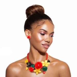 Red, Green, and Yellow Chunky Rose Necklace
