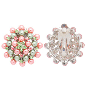 Clip On Pink Green Small Pearl Earrings for Women