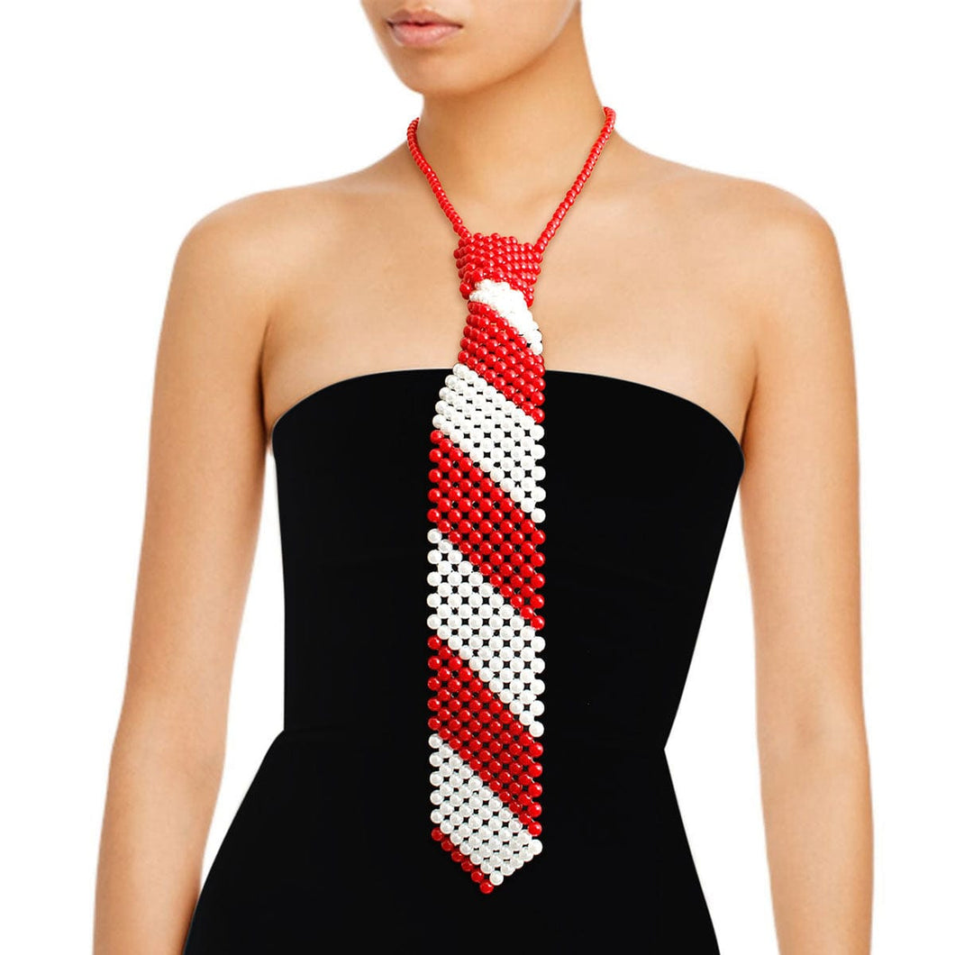 Red White Pearl Stripe Tie Choker