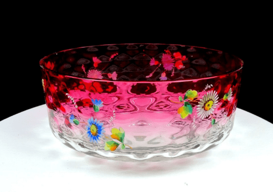 EAPG Cranberry and Clear Enamel Floral Coin Spot Optic 8 1/2