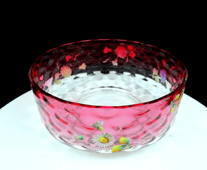 EAPG Cranberry and Clear Enamel Floral Coin Spot Optic 8 1/2" Bowl 1880-1900