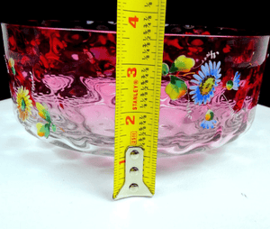 EAPG Cranberry and Clear Enamel Floral Coin Spot Optic 8 1/2" Bowl 1880-1900