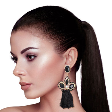 Black Triple Tassel Stone Earrings