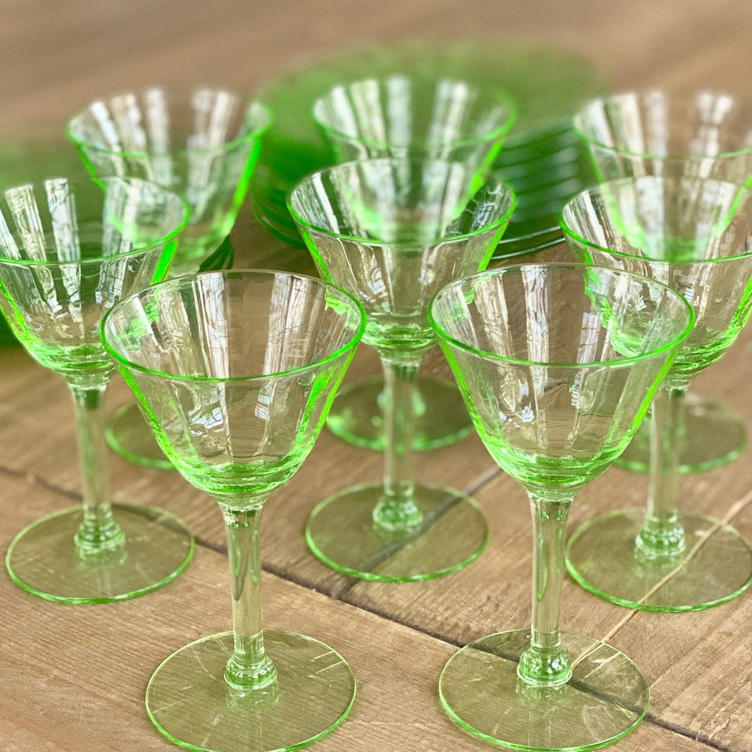 Vintage Green Cordial Glasses Set 8, Depression Glass Cordial Glasses