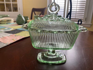Stunning 1930's Green Glass Depression Sugar Bowl or Candy Dish