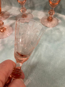 Set of 7 Fry Depression Glass Etched Wine Goblets Rose Pink 3 oz Root Beer Stem
