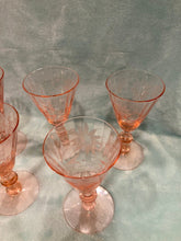Set of 7 Fry Depression Glass Etched Wine Goblets Rose Pink 3 oz Root Beer Stem