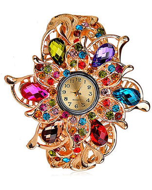 Multi Color Crystal Flower Hinge Bangle Watch - Stunning
