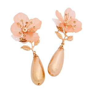 Pink Flower Gold Teardrop Earrings