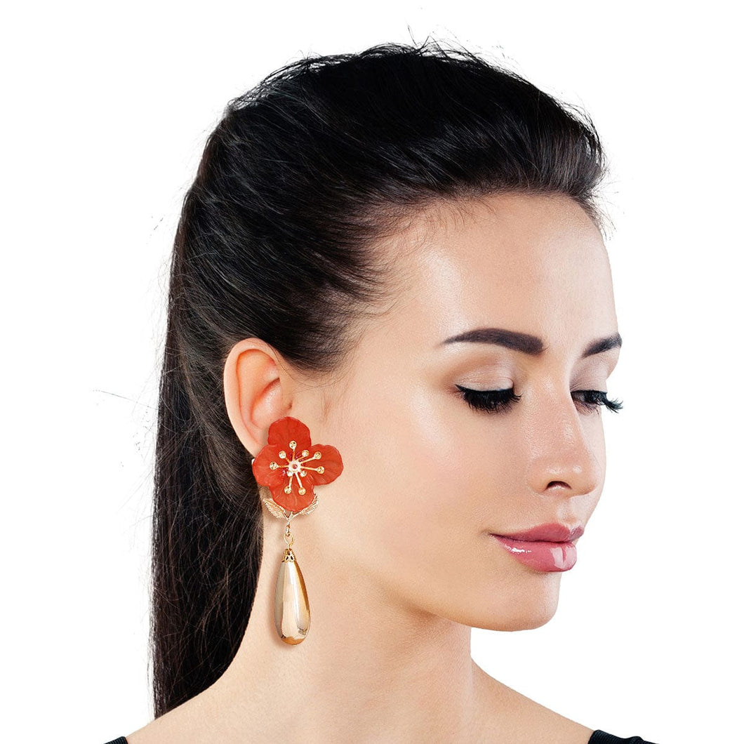 Red Flower Gold Teardrop Earrings