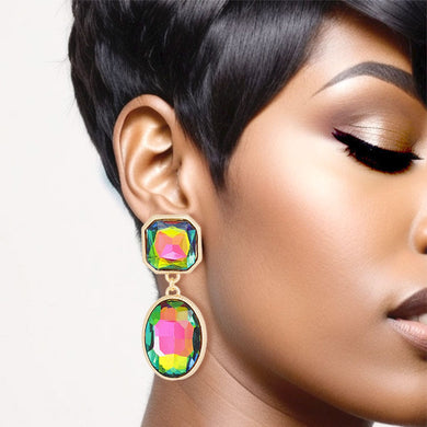 Clip On Pink Green Medium Crystal Earrings Women