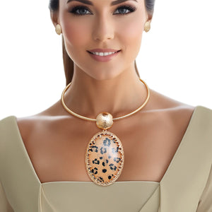 Pendant Necklace Gold Oval Leopard for Women