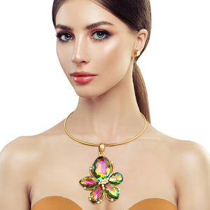 Pink Green Crystal Flower Necklace