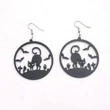 Nihao Halloween Earrings w Black Cat in Graveyard - Halloween Costume Jewelry