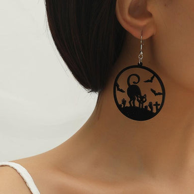 Nihao Halloween Earrings w Black Cat in Graveyard - Halloween Costume Jewelry