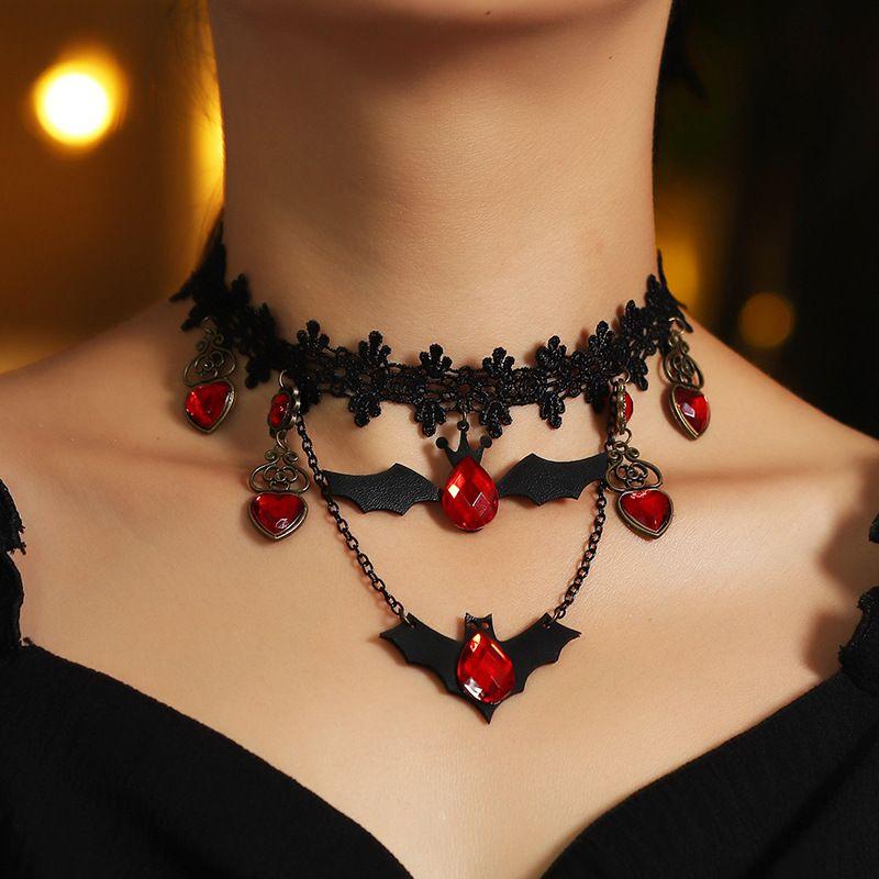 Nihao Spooky Halloween Lace Bat Necklace - Blood Sucking Vampire Themed
