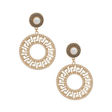 Gold Pearl Round Greek Key Earrings