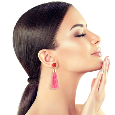 Pink Bead Silk Tassel Earrings