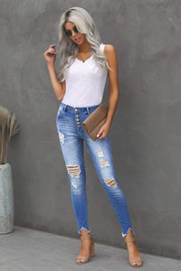 Trendsi Button Front Frayed Ankle Skinny Jeans