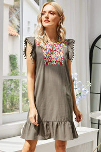 Trendsi Dark Gray / S Graphic Embroidered Ruffle Hem Dress