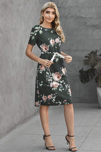 Trendsi Gray / S Pocketed Drawstring Casual Floral Dress
