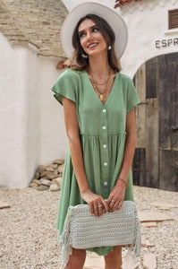 Trendsi Green / S Buttoned Empire Waist Babydoll Dress