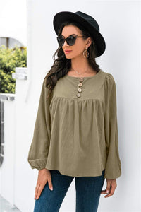 Trendsi Long Sleeve Tops Army Green / S Button Up Balloon Sleeve Blouse